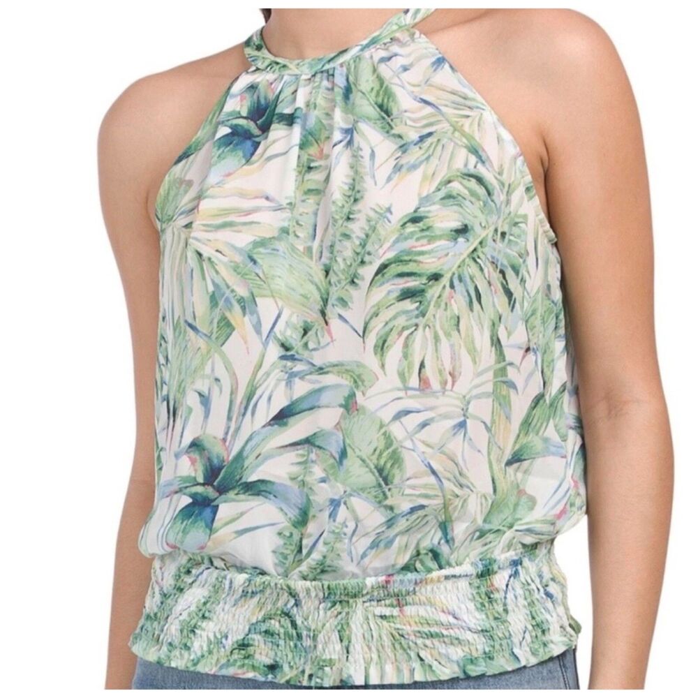 Joie Palm Print Smocked Halter Top White Green S $196